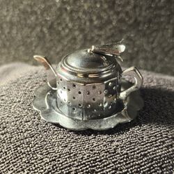 Vintage Stainless Steel Mini Tea Infuser In A Tea Pot Shape & Small Platter. Neat FindI