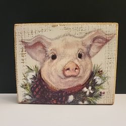 PRIMITIVES by Kathy "Farm Christmas Pig" Wooden Box Sign Shelf-Sitter Tray Decor