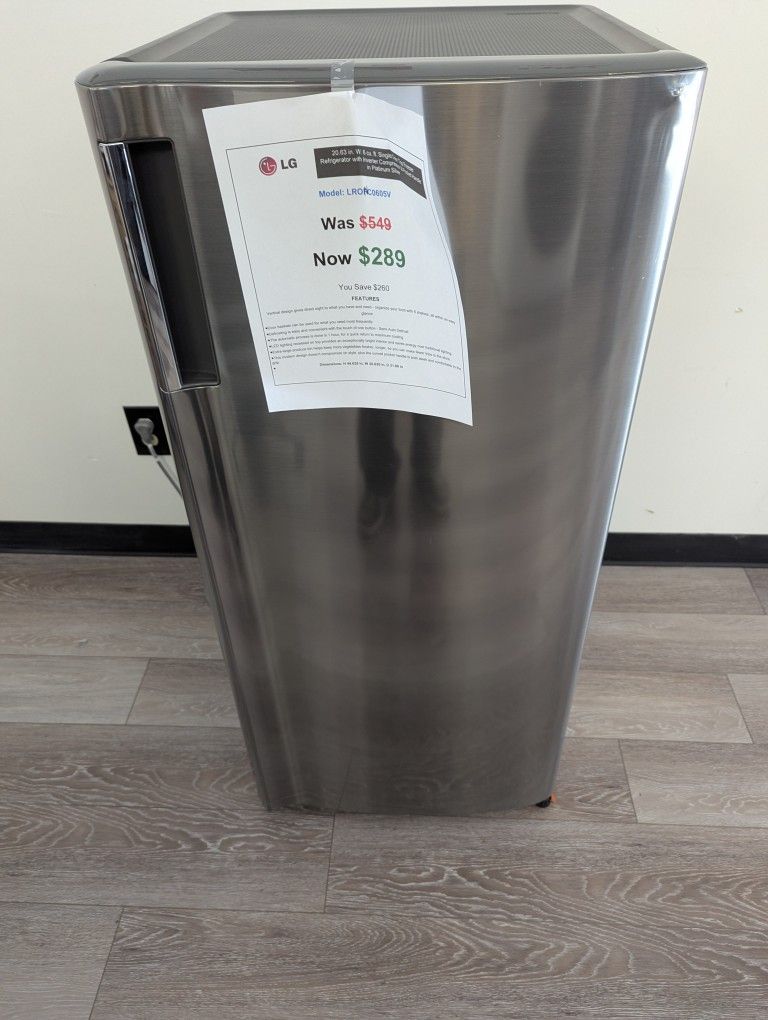 LG 20.63 6 Cu.Ft Single Door Top Freezer Refridgerator W / Inverter Compressor. 1 Year Warranty.