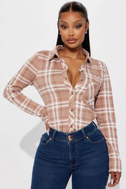 Women’s Fashion Nova plus Taupe & White Plaid Button-Down Shirt size 1X