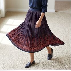Metro Wear Maxi Flared Skirt Sz L Elastic Waist Navy & Red Abstract Casual