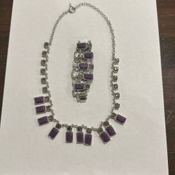 Purple Stone And Diamond Necklace And Bracelet Set