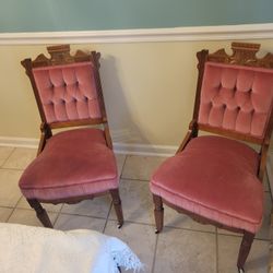 Antique Victorian Walnut With Fine Buttoned Rose Color Upholstery King Louis French Side Chairs. Real Burled Walnut Inlays.