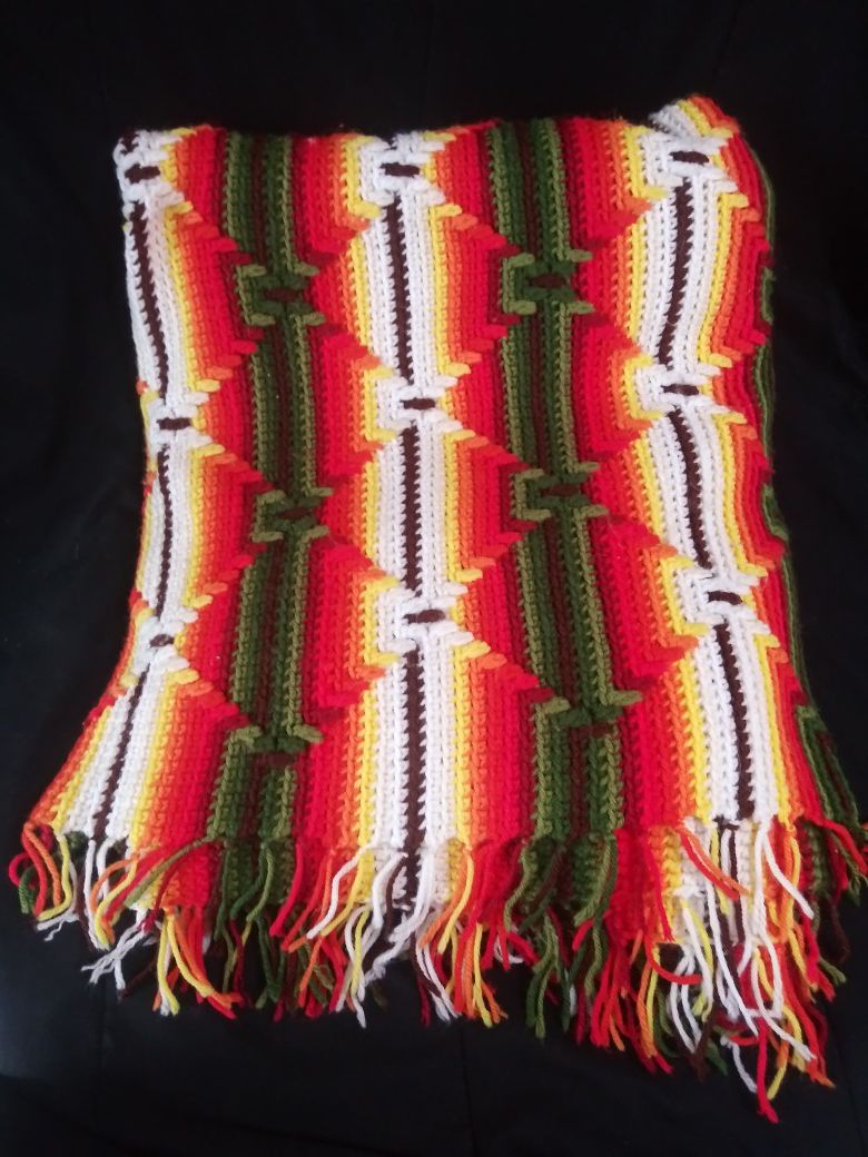 Hand Crocheted Multi Color Stripe & 3D Zig-Zag Stitch Afghan 86x50 Throw Blanket