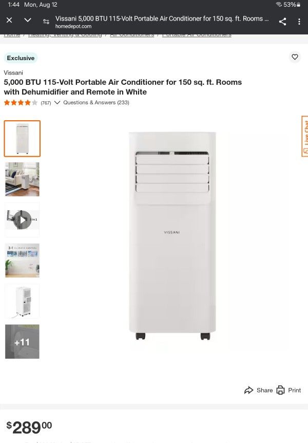 5,000 BTU 115-Volt Portable Air Conditioner for 150 sq. ft. Rooms with Dehumidifier and Remote in White

