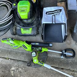 Green Works Bundle Lawnmower, Leaf Blower, String Trimmer, Snow Blower And Extra Batteries And Chargers