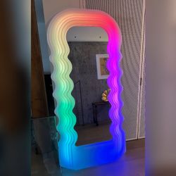 Ultrafragola Style RGB LED Floor Mirror | Memphis Design | Wavy Squiggle Frame | Color Changing With Remote
