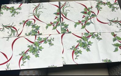 Martha Stewart Holiday Ribbon & Holly Placemats – Set of 4 (14” × 19”)