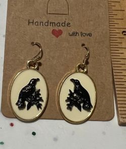 NEW Gothic Gold Toned Black Crow White Enamel Earrings 1.2x.8 * Halloween Fall