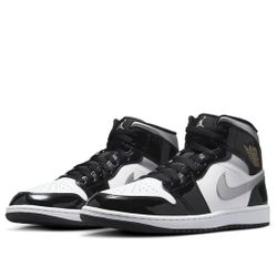 Jordan 1 Mid SE ‘Patent Black White Metallic Silver Gold’ Sz 15