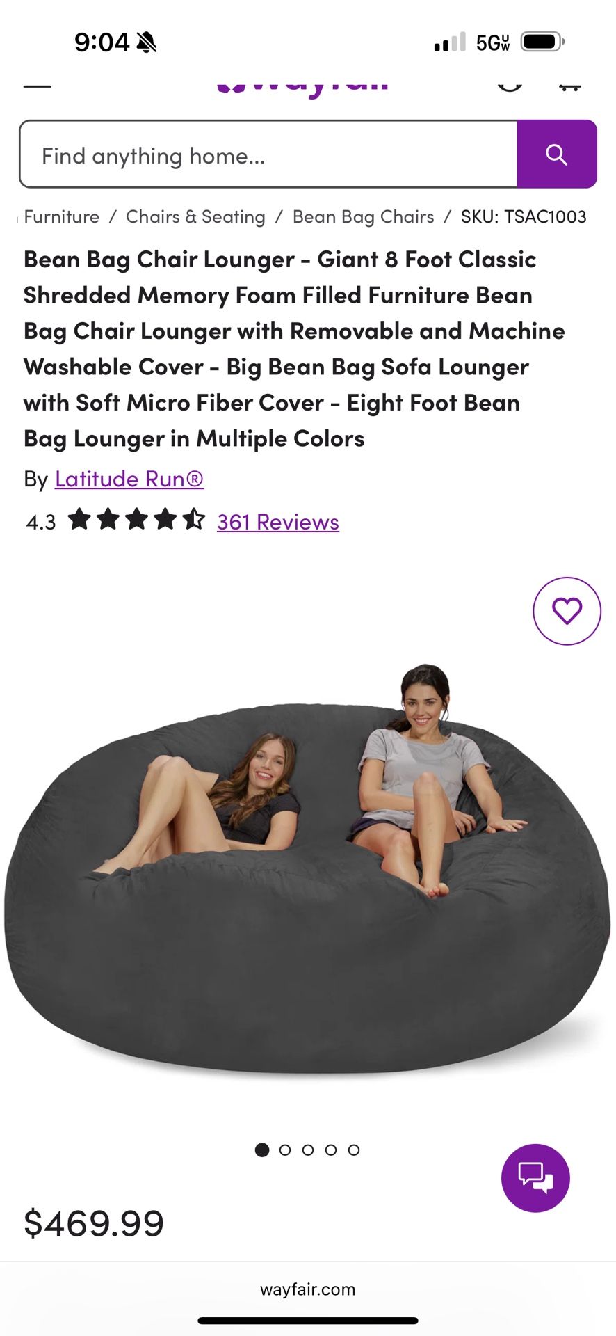 8 Foot Bean Bag $300