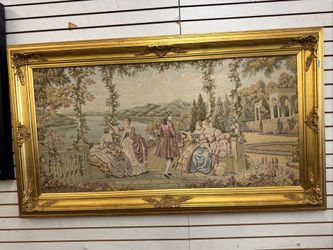 Large Vintage Italian “Dame e Lago” Woven Tapestry in Ornate Gold Frame – Made in Italy