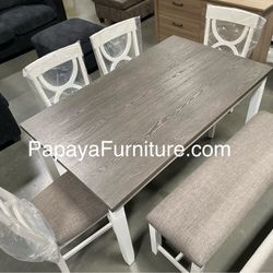 New! 6pcs White Rustic Dining Set, Dinette Set, Kitchen Table And Chairs, Table, Chairs, Bench, Casual Dining Set, Rectangular Dining Table, Dining Ro