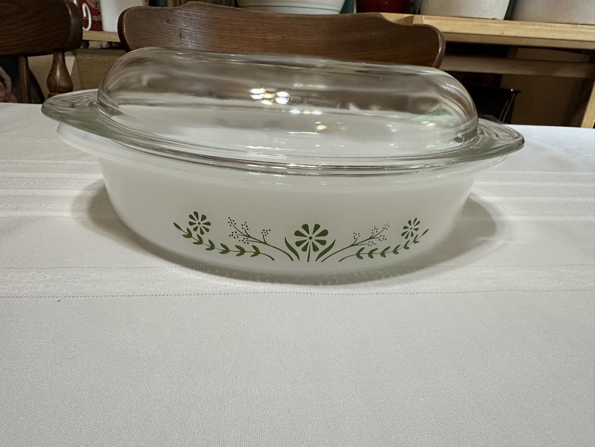 Vintage Glasbake Milk Glass Green Daisy Casserole Dish With Lid
