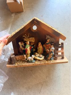 Vintage Nativity Scene Set with Wooden Creche