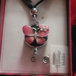 Pink Butterfly Retractable Id Badge/ Necklace holder 