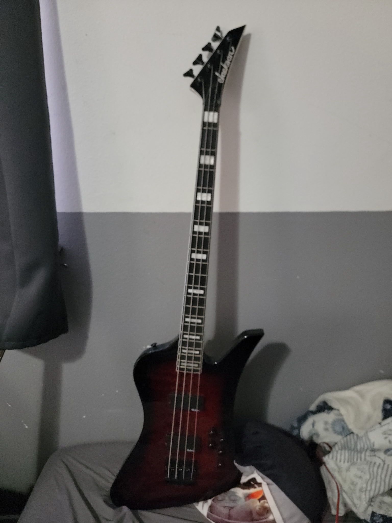 Red and Black Jackson Kelly Bird Bass Guitar
