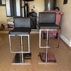 Pair Of Black Leather And Stainless Steel Bar Stools