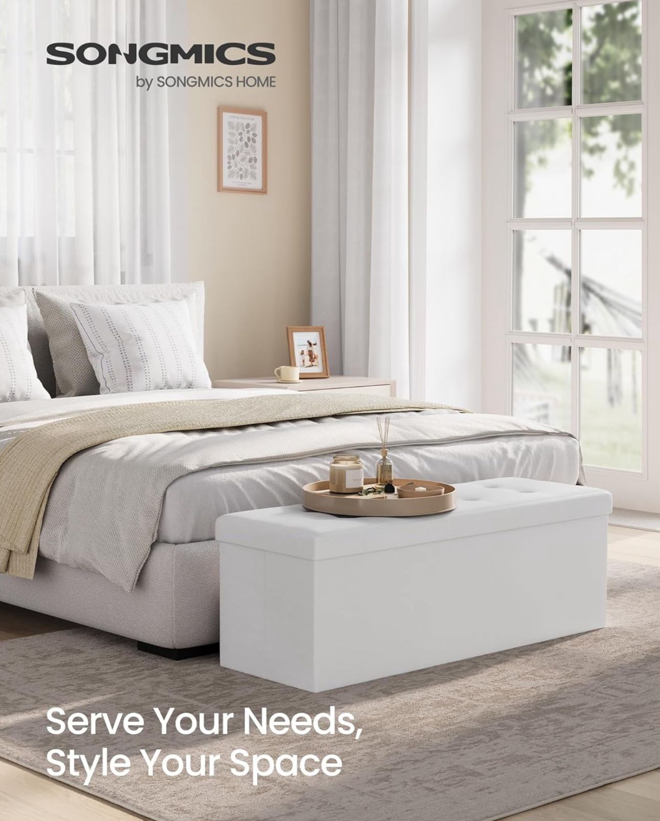 SONGMICS MAZIE Collection - 43 Inches Folding Storage Ottoman Bench, Ottoman with Storage, Foot Rest Stool, Load 660 lb, for Living Room, Synthetic Le