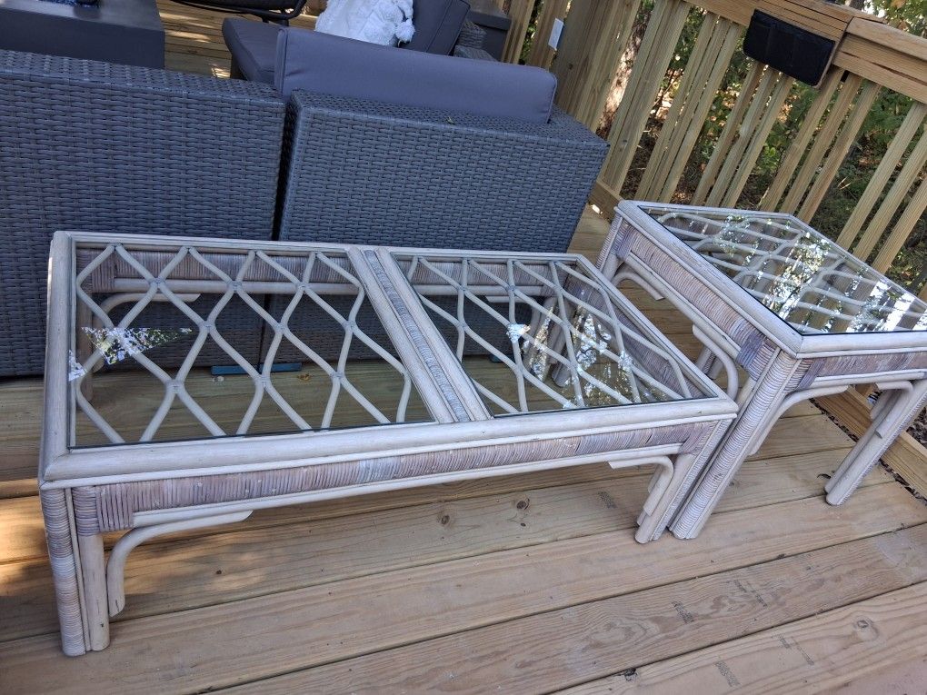 Mid -Century Fendi Bamboo Rattan Coastal Coffee Table Set