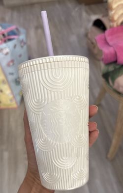Starbucks 16oz Pearl White Mermaid Siren Shell Cold Cup Tumbler with Straw NEW 