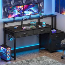 Computer Desk with 4 Drawers, 48 Inch Gaming Desk with Power Outlet, Office Desk with Monitor Shelf, Work Desk Table for Home Office, Black