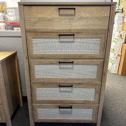 NEW!! Queer Eye Wimberly 5 Drawer Dresser, Natural with Faux Rattan