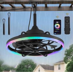 Fanbulous Outdoor RGB Ceiling Fans with Light, 20" Waterproof Gazebo Fan IP65, Weatherproof, Plug in, Remote&APP Control, 3CCT Dimmable,2H Timer, Cage