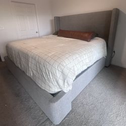 King Size Upholstered Bed Frame – Grey (Modern Wingback Style)
