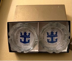 Pair of Vintage Royal Caribbean Cruise Line Heavy Glass Ashtrays in Box
