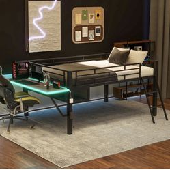 LZ LEISURE ZONE Full Size Loft Bed with Desk, Gaming Mid Loft Bed with LED, No Box Spring Needed, Black