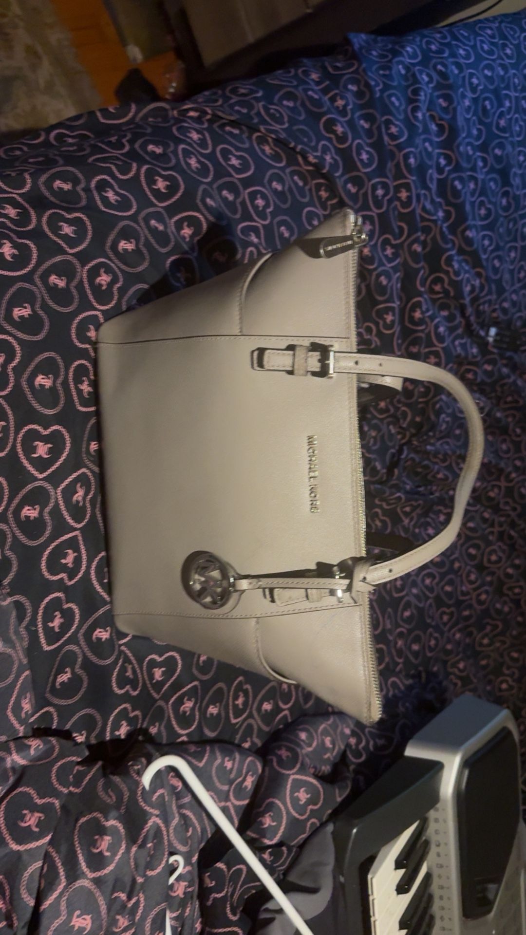 Pearl gray leather shoulder tote bag, two straps, zip pouch. 11”w 10”h. 4.5”w Slight wear on straps