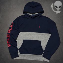 Polo Ralph Lauren Hoodie Mens Size M Navy Grey Colorblock RL67 Spellout Fleece