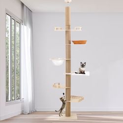 Floor to Ceiling Cat Tree, Height Adjustable 7-Tier Ceiling to Floor Cat Tower, Wooden Pet Tree with 6 Sisal Scratching Post for Indoor Cats
