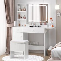 Assembled Vanity Desk with LED Lighted Mirror & Power Outlet, Makeup Table with Drawers & Cabinet,Storage Stool,for Bedroom, White