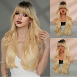 Long Wavy Blonde Wig w/Bangs 22inch Platinum w/Dark Roots *BRAND NEW*