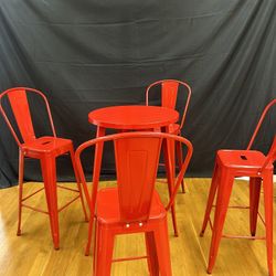 Red high table, top and chairs
