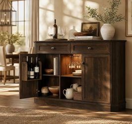 Coffee Bar with 2 Drawers & 2 Doors, LED Wine Bar Cabinet with Wine Glasses, Coffee Station with Built-in Outlets, Buffet Cabinet Sideboard with Extra