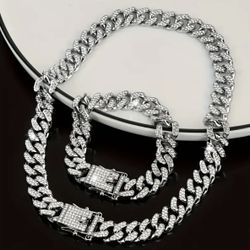 New 18k White Gold Cuban Link Chain And Bracelet Set 