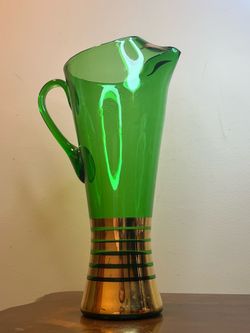 Vintage Art Deco Bohemian Emerald green glass pitcher 12 5/8 in