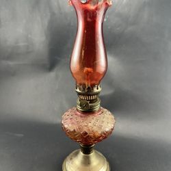 Vintage Red Glass & Metal Small Oil Lamp