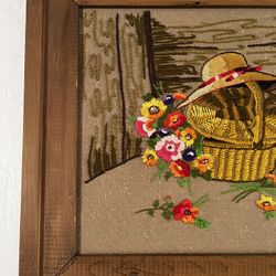 Vintage Crewel Flower Basket Wall Art