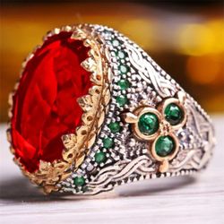  Inlaid Red Men's Ring Retro Domineering Personality Ring Size 10