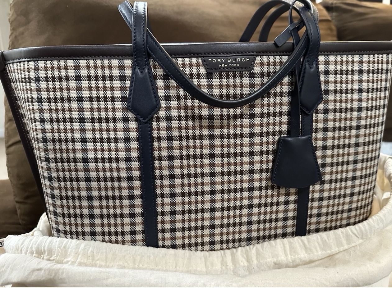 Tory Burch Perry Plaid Triple Compartment Tote In Navy Blue