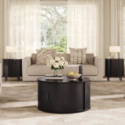 Round Coffee Table with Storage, 31.5" Mid Century Modern Center Table with Sliding Door & Dual Hidden Storage, Fluted Accent Coffee Table for Living 