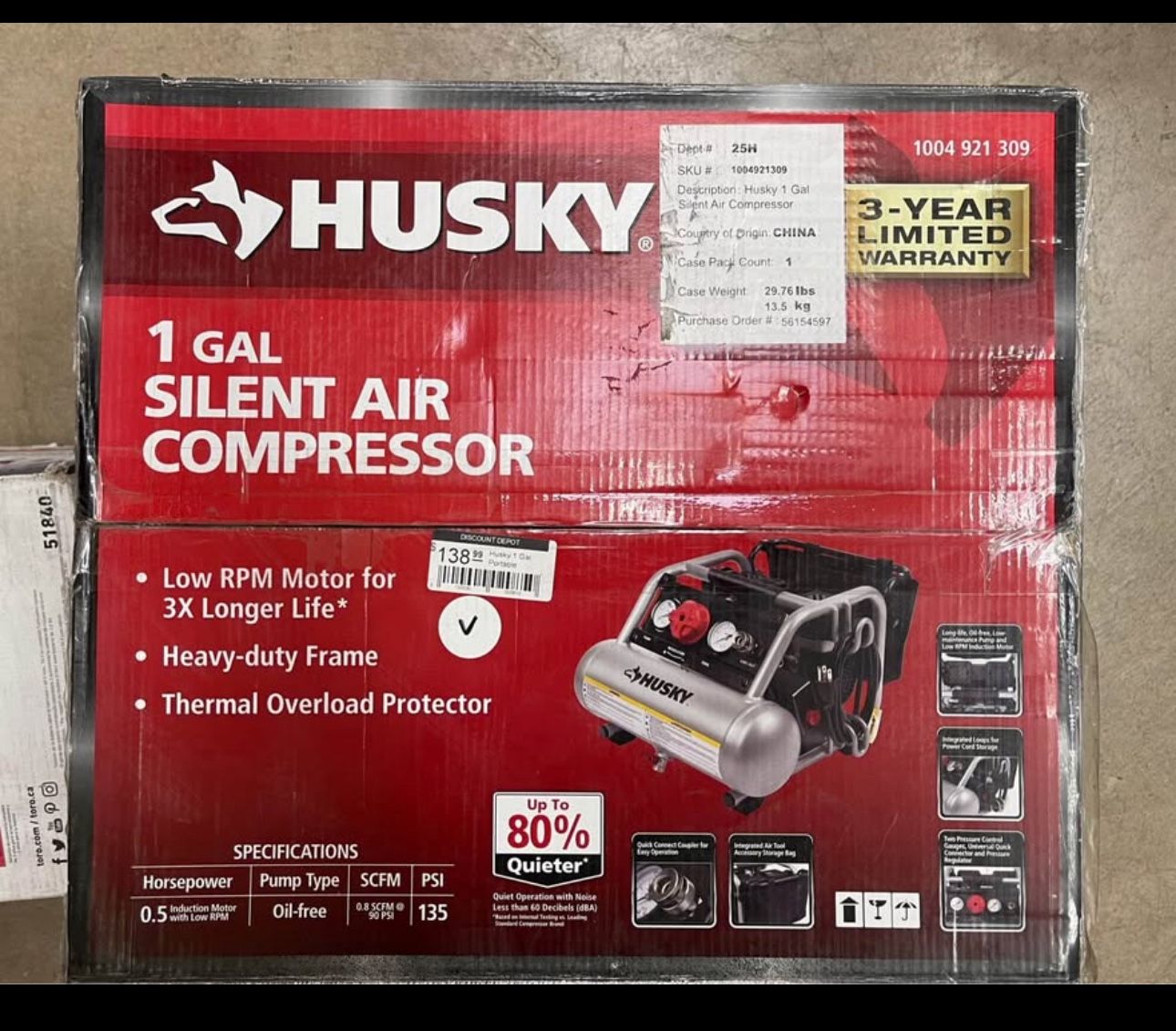 Husky 1 gallon silent air compressor (new)