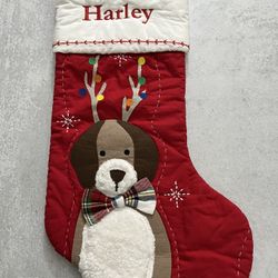 POTTERY BARN KIDS DOG WITH ANTLERS CHRISTMAS STOCKING MONO “HARLEY”