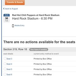 Red Hot Chilli Peppers Concert Tickets  Section 319 Row 18 Seat 5 and 6