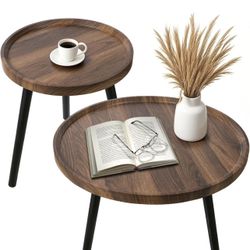 Nesting Coffee Table Set of 2, Modern Round Coffee Tables Nesting Side Table Set, Easy Assembly Nesting Tables for Living Room, Walnut Wood End Tables