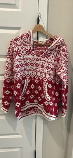 Women’s Red and White Fair Isle Hooded Knit Sweater